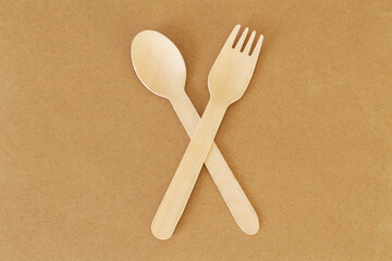 Disposable wooden cutlery spoon and fork top view