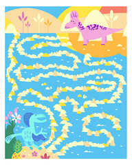 Fototapeta na wymiar Help the pink dinosaur get to the blooming meadow. Dinosaurs in Jurassic Park. Maze game for kids. Full color hand drawing vector illustration.