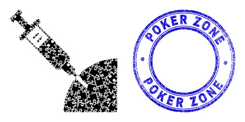 Puzzle inoculation mosaic icon with Poker Zone seal stamp. Blue vector round textured seal stamp with Poker Zone phrase. Abstract mosaic of inoculation icon designed of puzzle parts.
