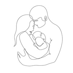 One Line Family Drawing. Happy Family Portrait Line Art Illustration. Minimalist Trendy Drawing for Wall Art, Nursery Decor, Social Media, Print, Poster.  Mom Dad Baby Art. Vector EPS 10