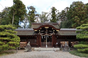 Hon-den Main Hall and Ema in the precincts of Umenomiya-taisha Shrine in Kyoto City in Japan 日本の京都市にある梅宮大社境内の本殿と絵馬