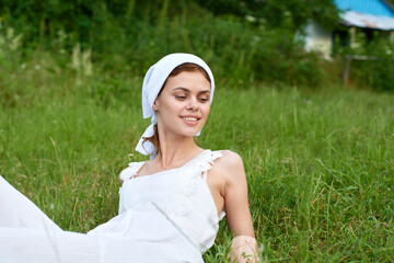 cheerful woman outdoors in the garden countryside ecology nature