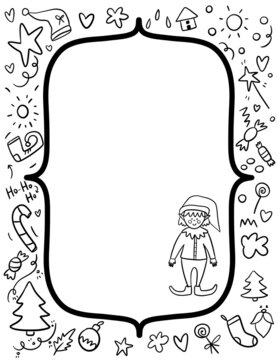 Christmas letterhead for coloring book. Elf hand drawn letters.