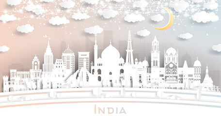 India City Skyline in Paper Cut Style with White Buildings, Moon and Neon Garland. - obrazy, fototapety, plakaty