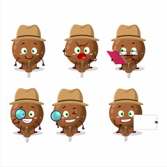 Detective orange lolipop wrapped cute cartoon character holding magnifying glass