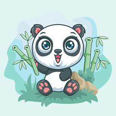 Cartoon little panda eating bamboo in the garden