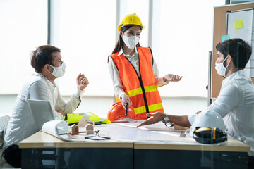 panoramic banner of Construction and structure of Creative team Engineer or architect meeting for project working with partner and tools on model building and blueprint in working site
