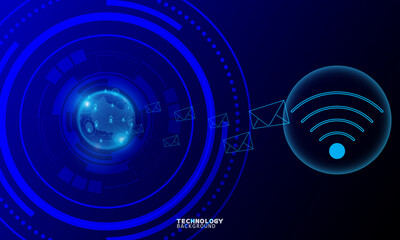 Wireless network communication, internet connection. Futuristic city scape in blue tone with electronics devices, multimedia, technology icons and network connection.
