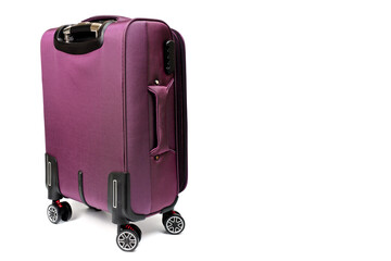 Purple travel suitcase with metal folding handle and on wheels.