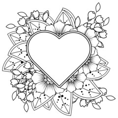 Mehndi flower with frame in shape of heart. decoration in ethnic oriental, doodle ornament.