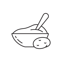 Mashed potatoes in bowl with spoon, linear icon. Outline simple vector of puree food. Contour isolated pictogram on white background - 473465324