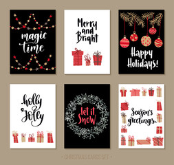 Naklejka premium Set Christmas and Happy New Year greeting cards with handwritten lettering and decorative winter holiday elements.