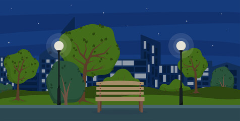 Bench and lanterns in the city park. Night park. Summer in the park.
