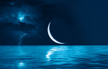 Obraz na płótnie Canvas Ramadan Kareem background - Crescent moon, stars above serene sea with lightning