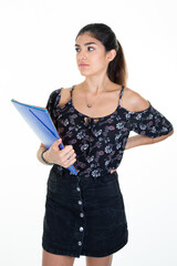 student young business woman smiling holding folder documents on white background