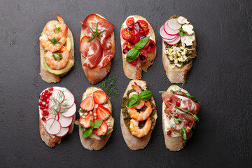 Appetizers board with traditional spanish tapas set. Italian antipasti snacks