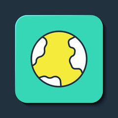 Filled outline Earth globe icon isolated on blue background. World or Earth sign. Global internet symbol. Geometric shapes. Turquoise square button. Vector