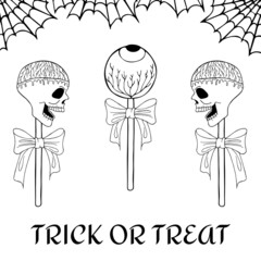 Trick or treat. Happy halloween. Eye with capillaries, a scary skull with blood, cobweb. Outline freehand drawn for holiday. Vector illustration isolated on white background. Coloring book page