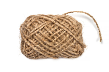 A coil of twine close-up on a white background.