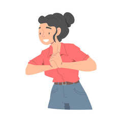 Excited Woman Character Looking at Someone Putting Her Hands Together Demonstrating Attention Vector Illustration