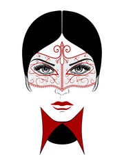 Portrait of a beautiful girl. Woman face hidden behind a decorative carnival mask with lace patterns. Venetian stranger. Venice masquerade. Vector illustration isolated on white background. Hand drawn