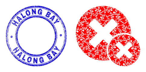 Puzzle false negative mosaic icon and Halong Bay seal. Blue vector rounded distress seal stamp with Halong Bay caption. Abstract mosaic of false negative icon done of puzzle icons.