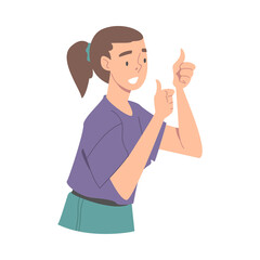 Excited Woman Character Looking at Someone Showing Thumb Up Demonstrating Attention Vector Illustration