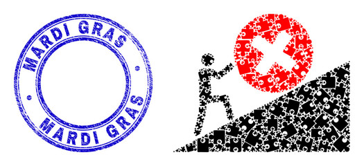 Puzzle man rolling rejection up mosaic icon with Mardi Gras seal stamp. Blue vector rounded distress seal stamp with Mardi Gras message.
