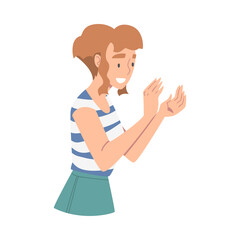 Excited Woman Character Looking at Someone Clapping His Hands Demonstrating Attention Vector Illustration