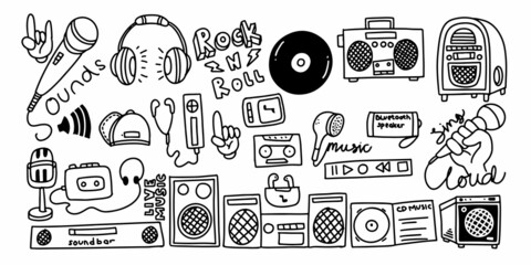 Set of modern music elements in childish doodle hand drawn style isolated on white background.