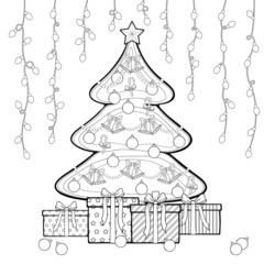 Christmas tree with gift boxes. Hanging string lights, garland. Outline freehand drawn for holiday. Vector illustration isolated on white background. Separate objects. Coloring book page. 