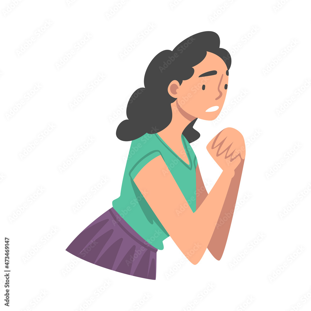 Sticker looking into future woman character putting her hands together feeling anxiety vector illustration