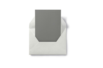 Blank grey card with white paper envelope template mock up isolated on white background. 3d rendering.