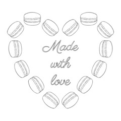 Heart shape made of macarons. Design elements for Valentine day greeting card. Made with love. Sweet delicious dessert food. Vector illustration isolated on white background. Hand drawn. Coloring book