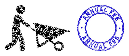 Puzzle man with wheelbarrow mosaic icon with Annual Fee seal. Blue vector round distress seal with Annual Fee message. Abstract mosaic of man with wheelbarrow icon organized of puzzle items.