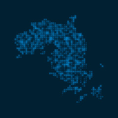 Obraz premium Bintan Island dotted glowing map. Shape of the island with blue bright bulbs. Vector illustration.
