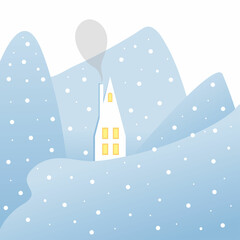 Small Christmas house on snowy hills. House with smoke from chimney and windows with light. Snowing