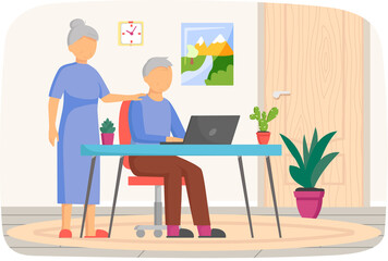 Retired people sitting with computer at home. Senior couple, old characters dealing with technology, using modern gadgets. Elderly man and woman watching video, chatting, working with laptop