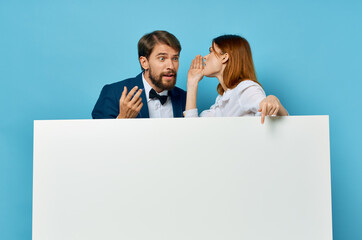 Man and woman advertising presentation white banner blue background