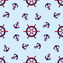 Seamless background. Sea symbols: anchor, steering wheel.  Nautical naval. Vector illustration marine elements. Color web icons Can be used for packaging paper design and fashion design.