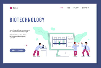 Obraz na płótnie Canvas Biotechnology lab research and development website, flat vector illustration.