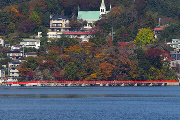 気仙沼湾の神明崎浮見堂の紅葉風景。　日本宮城県気仙沼市。