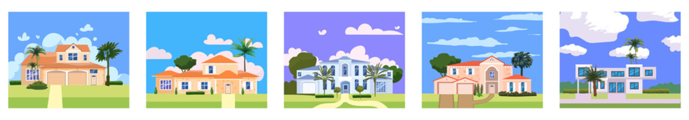 Collection Residential Home Buildings in landscape tropic trees, palms. House exterior facades front view architecture family cottages houses or mansions apartments, villa. Suburban property