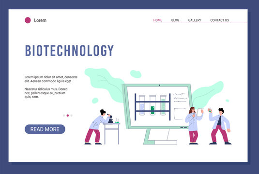 Biotechnology lab research and development website, flat vector illustration.
