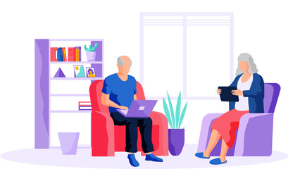 Obraz premium Elders learn new technologies, work and communicate through gadget. Man tries to use computer and surfs internet. Grandmother looking for information in tablet. Old people spend time on social media