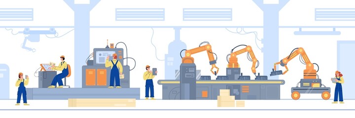 Robotic line with robot arms and conveyor belt flat vector illustration isolated.