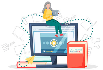 Old woman working on computer at home. Online education, video courses, modern technologies and old age concept. Lady sitting with laptop browsing internet looking for information in network