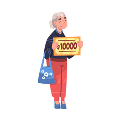 Happy Senior Woman Holding Cheque with Lump Sum as Lottery Gain Vector Illustration