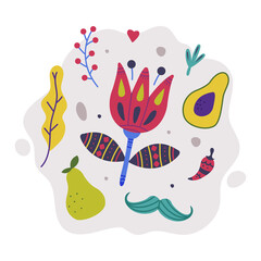Bright Mexico with Flower, Avocado and Moustache Element Vector Composition