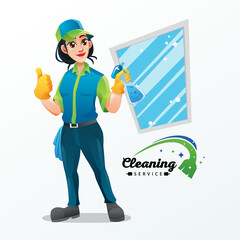Cleaning Service Beauty Woman Character With Green Blue Uniform